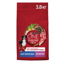 Изображение товара Корм сухой для взрослых собак PURINA ONE для средних и крупных пород,  с высоким содержанием ягненка и рисом, 3,8кг