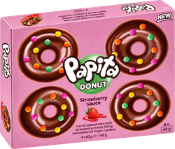 Кекс PAPITA Donut с какао глазурью, клубничной начинкой и цветным драже, 160г, фото