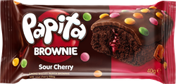 Кекс шоколадный PAPITA Brownie с какао-глазурью, вишневой начинкой и цветным драже, 40г, крупный план
