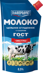 Молоко сгущенное ГЛАВПРОДУКТ Экстра цельное с сахаром, без змж, ГОСТ, 270г, крупный план