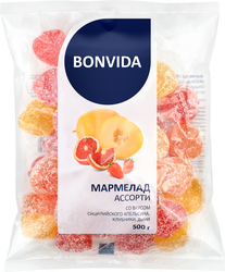 Мармелад желейно-формовой BONVIDA Ассорти со вкусом сицилийского апельсина, клубники, дыни, 500г, крупный план