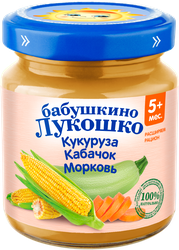 Пюре злаково-овощное БАБУШКИНО ЛУКОШКО Кукуруза, кабачок и морковь, с 5 месяцев, 100г, фотография