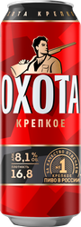 Пиво светлое ОХОТА Крепкое пастеризованное 8,1%, 0.43л, крупный план