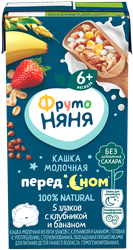 Кашка мультизлаковая ФРУТОНЯНЯ Пред сном, молочная из пяти злаков с клубникой и бананом, с 6 месяцев, 200мл, крупный план
