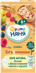 Кашка овсяная ФРУТОНЯНЯ безмолочная с яблоком, земляникой, малиной и черникой, с 6 месяцев, 200мл, крупный план