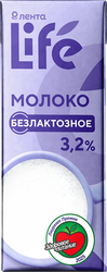 Молоко стерилизованное ЛЕНТА LIFE безлактозное 3,2%, без змж, 250мл, вид