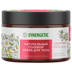 Скраб для тела SYNERGETIC Антицеллюлитный, Пачули и ароматный бергамот, натуральный солевой, 300мл, детальное фото