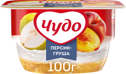 Десерт творожный ЧУДО Творожок взбитый двухслойный Персик, груша 4,2%, без змж, 100г, фото