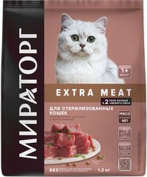 Корм сухой для взрослых кошек МИРАТОРГ Winner Extra Meat с нежной телятиной, для стерилизованных старше 1 года, 1,2кг, детальное фото