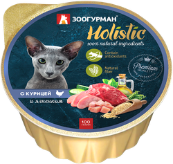 Корм консервированный для кошек ЗООГУРМАН Holistic с курицей и ягненком, 100г, детальное фото