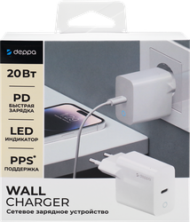 Устройство зарядное сетевое DEPPA USB Type-C, Power Delivery, 20Вт,  белое, картинка