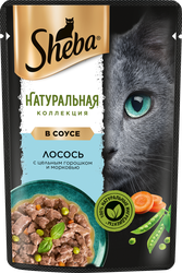 Корм консервированный для взрослых кошек SHEBA Nature's Collection с лососем и горохом, 75г, крупный план