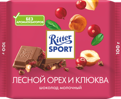 Шоколад молочный RITTER SPORT с кусочками клюквы и орехом лещины, 100г, изображение
