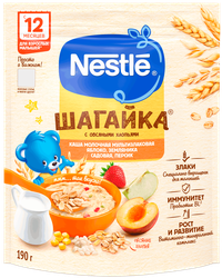 Каша мультизлаковая NESTLE Шагайка молочная, с яблоком, садовой земляникой и персиком, с 12 месяцев, 190г, изображение