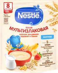Каша мультизлаковая NESTLE молочная, с бананом и земляникой, с 8 месяцев, 200г, крупный план