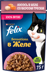 Корм влажный для взрослых кошек FELIX Sensations Лосось в желе со вкусом трески 75г, фото