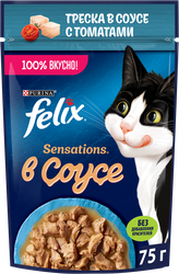 Корм влажный для взрослых кошек FELIX Sensations Треска с томатами в соусе, 75г, фото