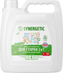 Гель для стирки SYNERGETIC 2в1 c пятновыводителем, 3л, крупный план