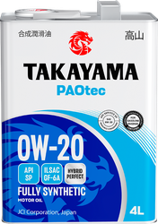 Масло моторное TAKAYAMA синтетическое SAE 0W-20, ILSAC GF-5, API SN, Арт. 605554, 4л, крупный план