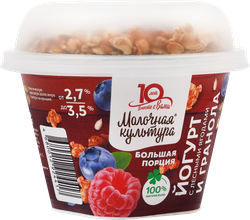 Йогурт МОЛОЧНАЯ КУЛЬТУРА с лесными ягодами с гранолой и изюмом 2,7–3,5%, без змж, 190г, крупный план