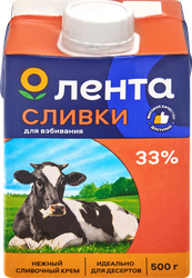 Сливки ультрапастеризованные ЛЕНТА Для взбивания 33%, без змж, 500г, картинка