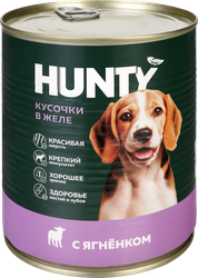 Корм консервированный для собак HUNTY сочные кусочки в желе с ягненком, 850г, крупный план