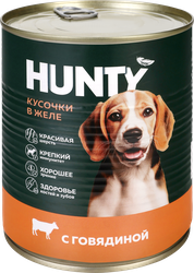 Корм консервированный для собак HUNTY сочные кусочки в желе с говядиной, 850г, крупный план
