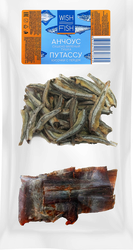 Снеки рыбные WISH FISH Микс, анчоус Столефорус, тушка и рыбка Янтарная (северная путассу), кусочки, 70г, фотография