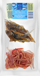 Снеки рыбные WISH FISH Микс, северная Путассу без перца, соломка и кальмар со вкусом краба, стружка, 70г, крупный план