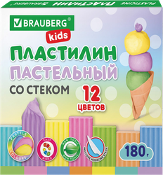 Пластилин BRAUBERG Kids 12 цветов, пастельные цвета, со стеком, Арт. 106681, 180г, крупный план