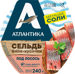 Сельдь Атлантическо-скандинавская слабосоленая АТЛАНТИКА Под лосось, филе-кусочки в масле, 240г, изображение