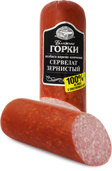 Колбаса варено-копченая БЛИЖНИЕ ГОРКИ Сервелат Зернистый, 330г, крупный план