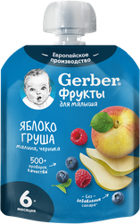 Пюре фруктово-ягодное GERBER Яблоко, груша, малина и черника, с 6 месяцев, 90г, крупный план