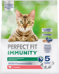 Корм сухой для взрослых кошек PERFECT FIT Иммунитет с говядиной и добавлением семян льна и голубики, 1,1кг, детальное фото