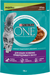 Корм влажный для кошек PURINA ONE Привередливые к вкусу Индейка, утка и морковь, 75г, изображение