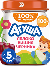 Пюре фруктово-ягодное детское АГУША Яблоко, вишня и черника, с 5 месяцев, 100г, фотография
