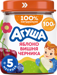 Пюре фруктово-ягодное детское АГУША Яблоко, вишня и черника, с 5 месяцев, 100г, фото