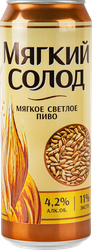 Пиво светлое МЯГКИЙ СОЛОД Мягкое фильтрованное пастеризованный 4,2%, 0.45л, картинка