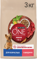 Изображение товара Корм сухой для взрослых собак PURINA ONE мелких и карликовых пород, с высоким содержанием говядины и с рисом, 3кг
