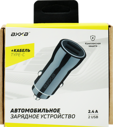 Зарядное устройство автомобильное AХХА 1м, 2 USB 2,4А USB-C дата-кабель, черный, Арт. 2233, крупный план