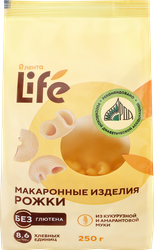 Макароны безглютеновые ЛЕНТА LIFE Рожки, из кукурузной муки с добавлением амарантовой муки, 250г, крупный план