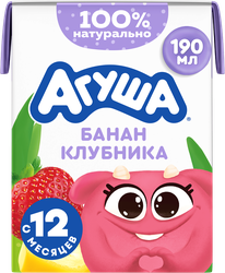 Молочный коктейль детский АГУША Банан, клубника 2%, без змж, 190мл, крупный план