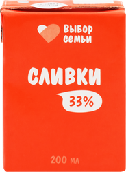Сливки ультрапастеризованные ВЫБОР СЕМЬИ 33%, без змж, 200мл, детальное фото