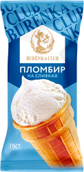 Мороженое BURЁNKA CLUB Пломбир 15%, без змж, вафельный стаканчик, 80г, крупный план