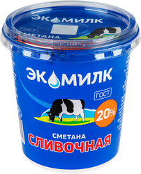 Сметана ЭКОМИЛК Сливочная 20%, без змж, 300г, крупный план