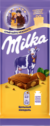 Шоколад молочный MILKA с цельным миндалем, 80г, крупный план