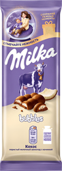 Шоколад молочный MILKA Bubbles Пористый c кокосовой начинкой, 87г, крупный план