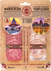 Ассорти колбас МЯСНАЯ ИСТОРИЯ Салями Финская варено-копченая+Чардаш полукопченая, нарезка, 100г, картинка
