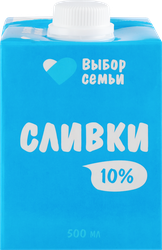 Сливки ультрапастеризованные ВЫБОР СЕМЬИ 10%, без змж, 500мл, детальное фото