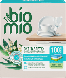 Таблетки для посудомоечной машины BIOMIO Bio-tabs Multi Эвкалипт, 100шт, крупный план